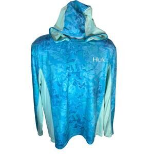 HUK Hoodie Men’s Large — Icon X Current Camo Performance Fishing Light Blue
